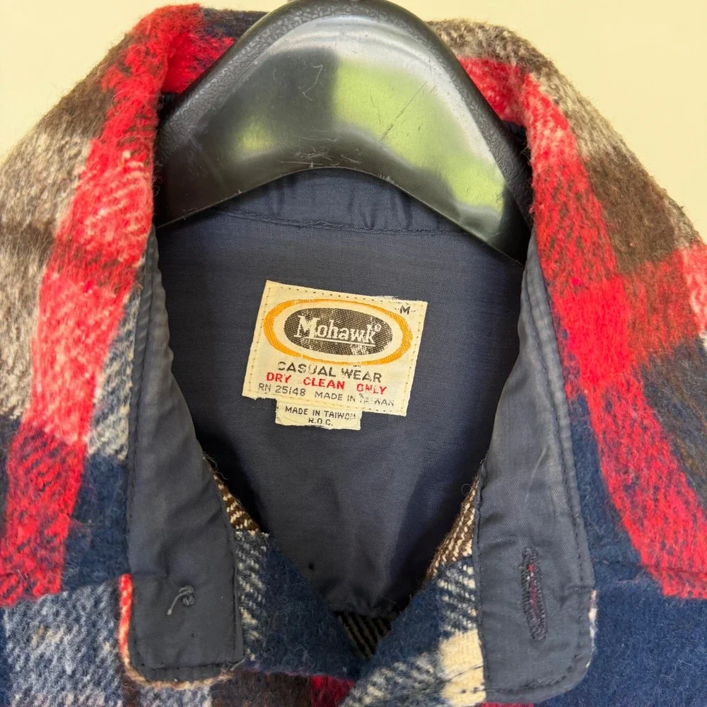70's Mohawk CPO style Plaid‎ Shirt Jacket Red Blue Wool Blend Flannel Medium